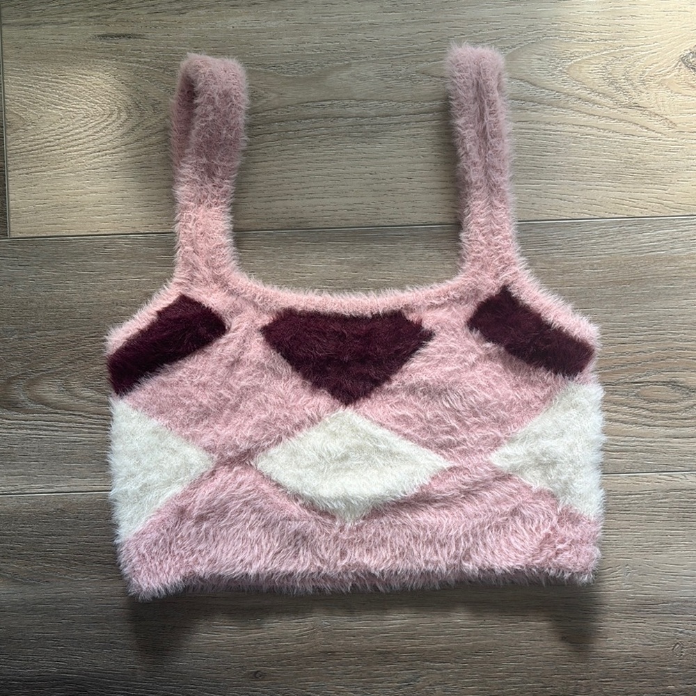 Fuzzy Pink and Burgundy Argyle Crop Top - cotton on